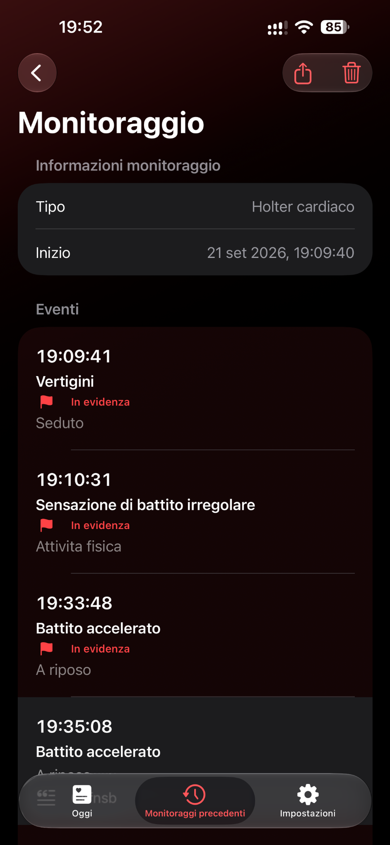 Timeline degli eventi HolterMate